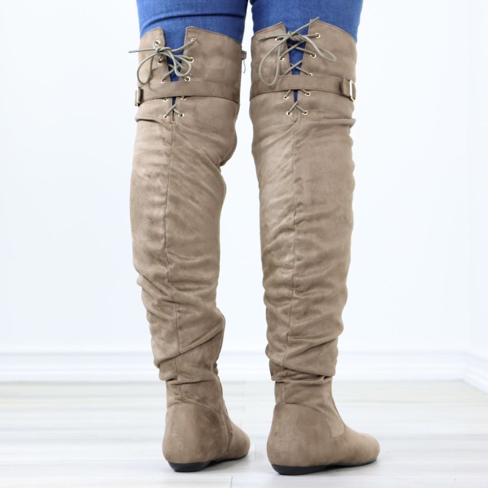 Taupe Thigh High Over The Knee Flat Boots Faux Suede Laced Back - Picture 2 of 15